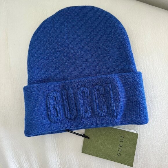 NWT GUCCI blue wool beanie hat with logo Size 58 cm / Medium 100% authentic - Picture 3 of 8